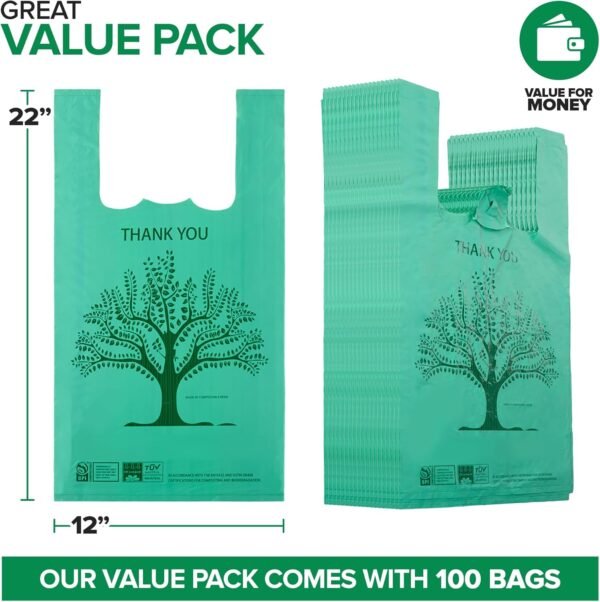 Stock Your Home 100 Pack Thank You Bags Disposable Eco Grocery T-Shirt Bag with Handles for Supermarket, Groceries, Produce, Shopping, Trash, Small Commercially Compostable Baggies Bulk - Image 2