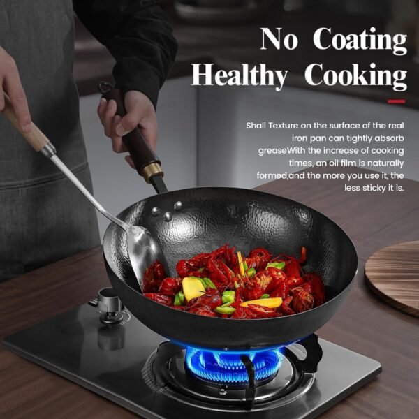 Carbon Steel Wok Pan, 13.5″Woks & Stir-Fry Pans with Wooden Lid Cookwares, Nonstick Wok, No Chemical Coated Round Bottom Hand Hammered Chinese Wok For Gas - Image 3