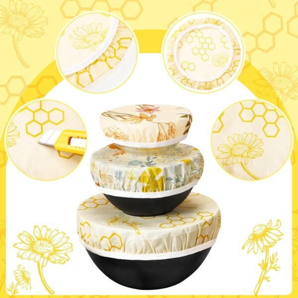 6 Pcs Beeswax Bowl Covers Reusable Cloth Bowl Covers Elastic Fabric Dish Cover Beeswax Food Wraps Cotton Kitchen Storage Containers Lids Kitchen Gifts for Bread Leftover Food Fruits Salad - Image 3