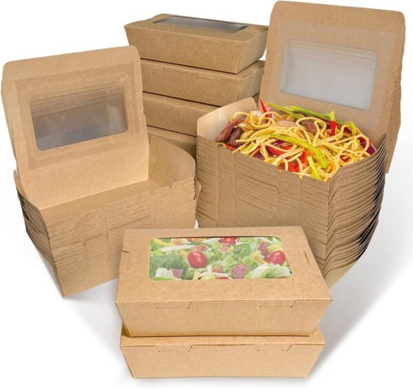 60 Pack 40 OZ Take Out Food Containers Kraft Brown, Microwavable Paper to Go Boxes, Disposable Cardboard Lunch Meal Food Box with Clear window for Restaurants, Catering and Parties