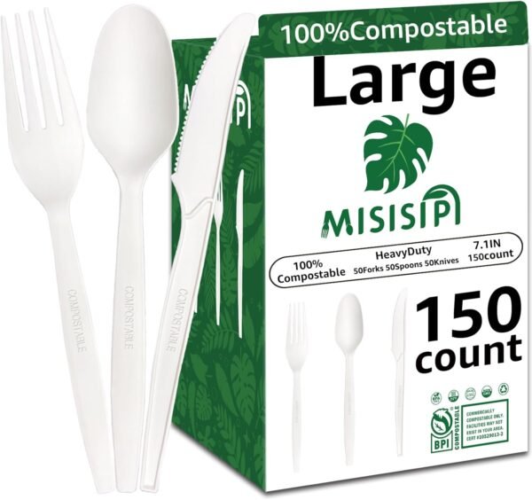 MISISIPI [7.1In 150Pcs] 100%Compostable utensils Cutlery Set Biodegradable 50Forks 50Spoons 50Knives HeavyDuty No Plastic utensils Cutlery Eco-friendly HeavyWeight Disposable utensils Cutlery Flatware