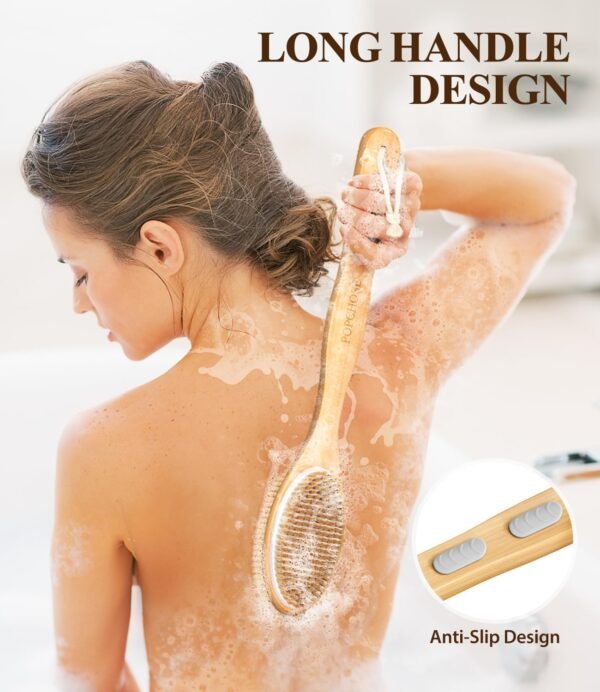 POPCHOSE Shower Brush, Back Scrubber for Shower with 17-Inch Wooden Long Handle, Dual-Sided Dry Brushing Body Brush with Soft & Stiff Bristles, Body Scrubber for Wet or Dry Exfoliation - Image 3