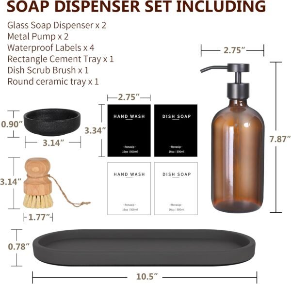 Set of 5 Kitchen Soap Dispenser Set 16 Oz Glass Hand Dish Soap Dispenser with Stainless Steel Pump, Cement Tray, Dish Scrub Brush for Farmhouse Rustic Home Bathroom Decor (Brown) - Image 4