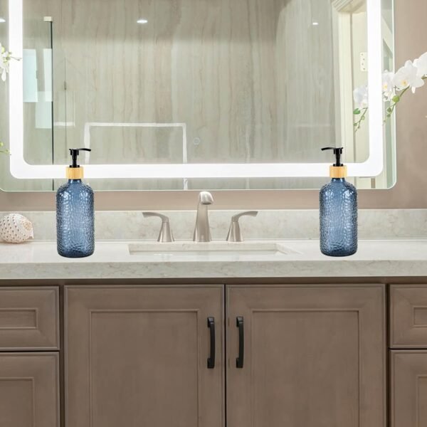 16 oz Glass Soap Dispenser with Bamboo Pump Head, Refillable Kitchen Bathroom Soap Dispenser for Hand Soap, Lotion (2, Blue) - Image 2