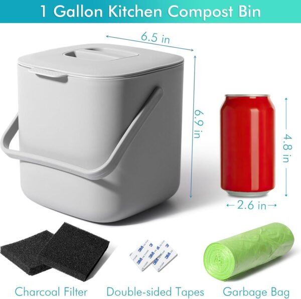 Small Compost Bin Kitchen - 1 Gallon Countertop Compost Bin with Lid, Indoor Compost Bins with Inner Sieve, Food Waste Bin for Kitchen Compost, Kitchen Food Scrap Pail Bucket - Image 2