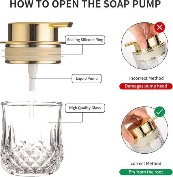 Glass Soap Dispenser,Bathroom Hand Liquid Soap Dispensers,Refillable Dish Soap Dispenser for Gold Pump,Lotion Dispenser for Bathroom,Kitchen (Clear/Gold Liquid Pump) - Image 5