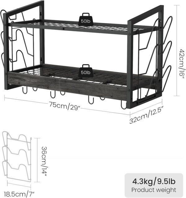 Hanging Pot Rack, Pot Rack Wall Mounted, 2-Tier Kitchen Pot and Lid Organizer, Wall-Mounted Cookware Holder with 12 Hooks, for Kitchen Storage of Pots, Pans, Utensils, Charcoal Black TPR02BC - Image 2