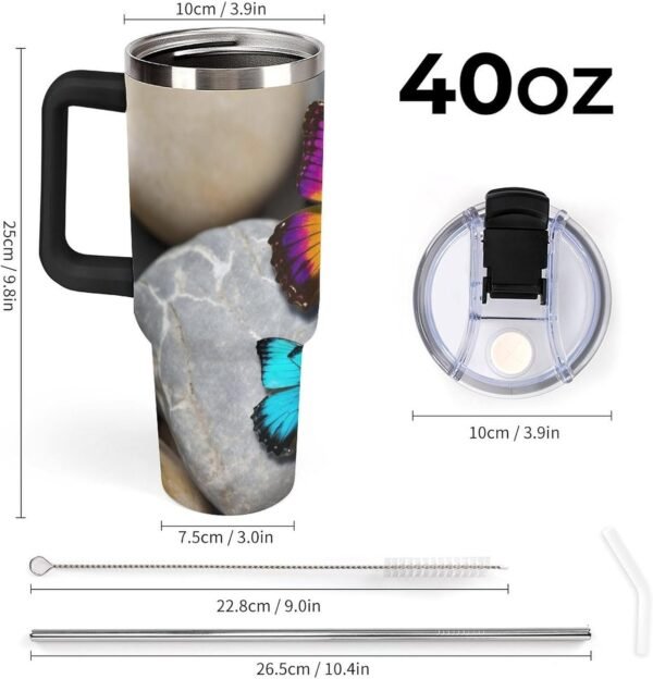 Colorful Butterfly Stone Insulated Tumbler 40 Oz Stainless Steel Double Wall Vacuum Travel Mug Large Capacity Car Cup Reusable Coffee Cup with Handle And Straw Lid Gifts Black - Image 3