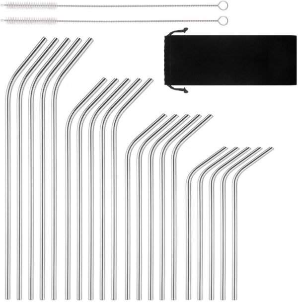 Reusable Stainless Steel Drinking Straws, 20 Pcs 4 Size - 6.3'' 7.1'' 8.5'' 10.5'', BPA Free Long Short Smoothie Drinking Curved Bent Straws with 2 Brushes and Carry Bag, Fit for 10/20/30 oz Tumblers