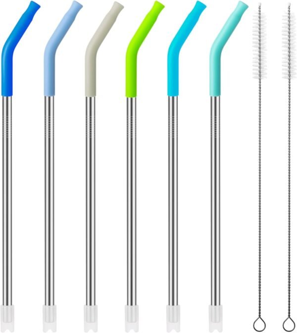 40 oz Straight Metal Straws for 40 oz Stanley Tumbler, 6Pcs Stainless Steel Reusable Drinking Metal Straw with Colourful Silicone Tips,Straw for Glass Cups, BPA FREE