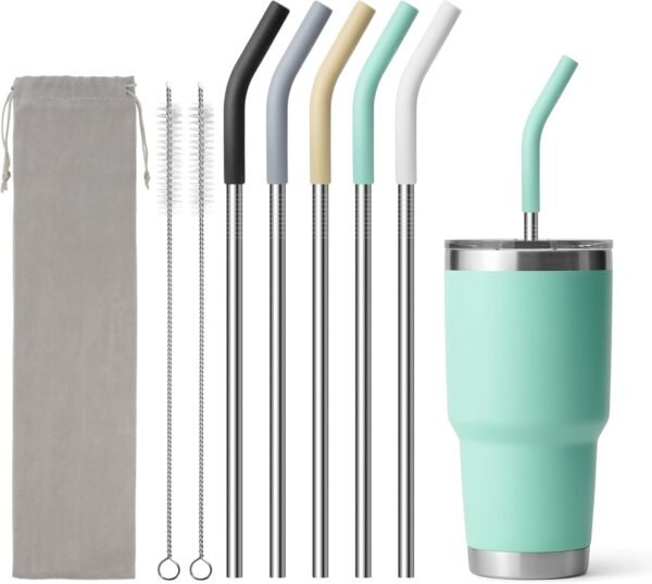 Metal Straws with Silicone Tip for 30 oz Yeti Tumbler, 5 Pcs Reusable Stainless Steel Straws for BJPKPK, RTIC, WETOWETO, Beast 30 oz Tumbler, Cleaning Brush, 1 Portable Bag