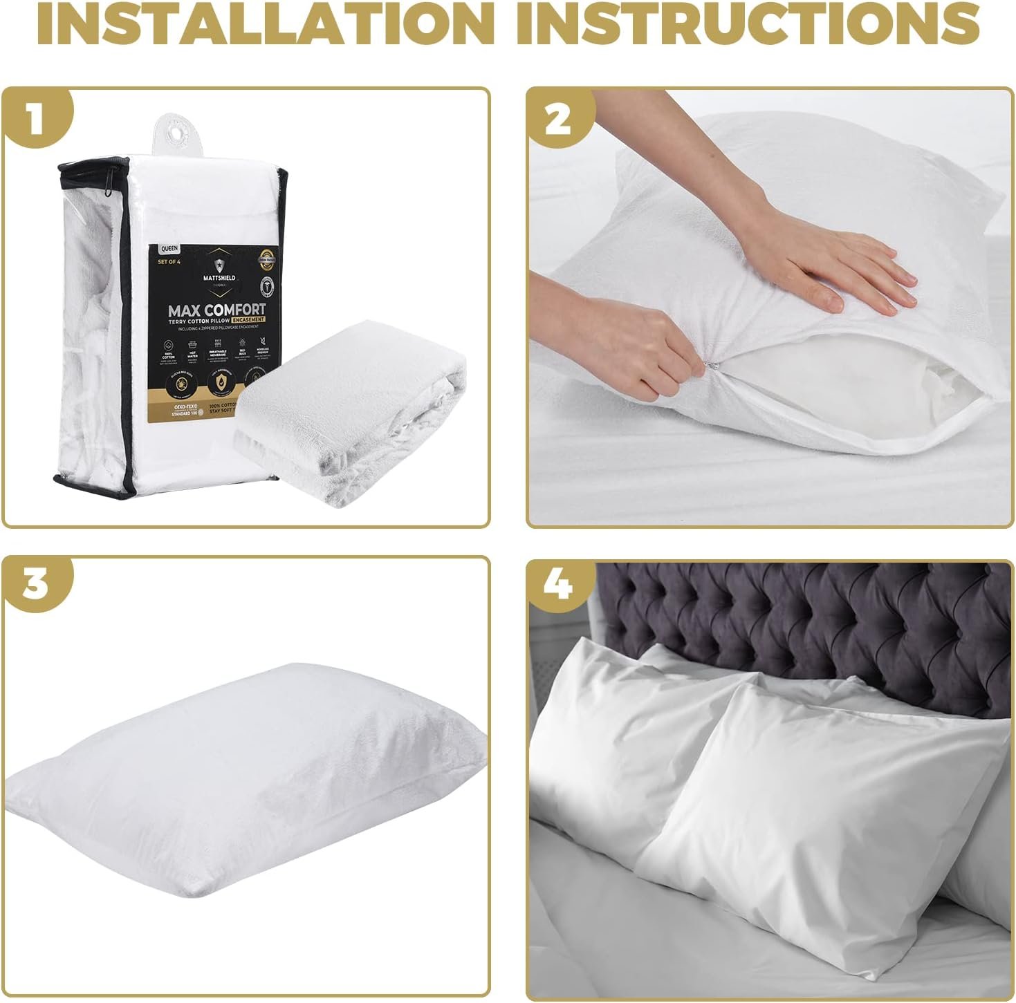 4 Pack - Organic Cotton Pillow Protectors with Zipper Queen Size - Waterproof and Skin-Friendly Terry Cotton Pillow Covers - 100% Cotton Top Pillow Protector (Queen) - Image 7