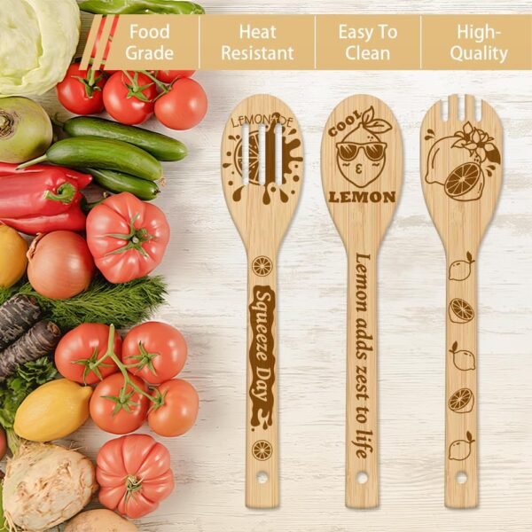 GLOBLELAND 6Pcs Lemon Wooden Spoons Utensil Set Bamboo Carving Kitchen Cooking Utensils Wooden Engraved Cooking Spatula Set for Kitchen Fun House Warming Gift - Image 4