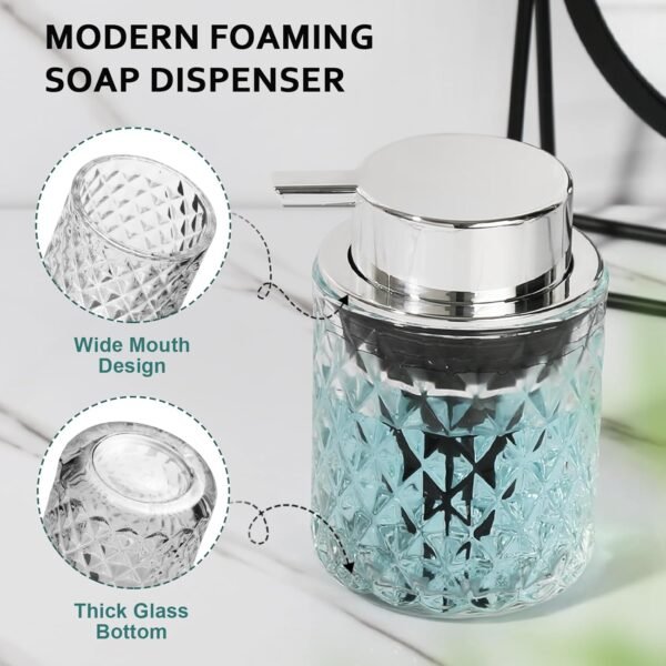 Foaming Soap Dispenser, Clear Glass Foam Hand Soap Dispenser for Bathroom, Refillable 10 Oz Foamy Pump Bottle with Plastic Sliver Pump, Modern Diamond Dish Soap Foam Dispenser Container - Image 5