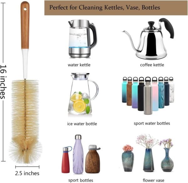 ALINK 5-Pack Bottle Brush Cleaner - Long Bamboo Handle Water Bottle Straw Cleaning Brush for Washing Narrow Neck Beer Wine Decanter, Sports Bottle, Thermos, Flask - Image 2