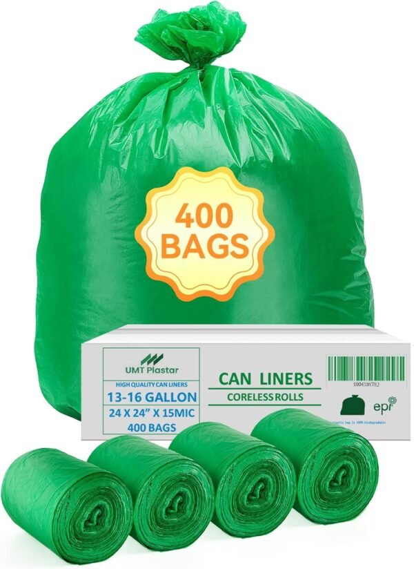 400 Count 100% Biodegradable & Compostable Trash Bags - 13-16 Gallon, 15 Microns, 24x24 Inches, Green Eco-Friendly
