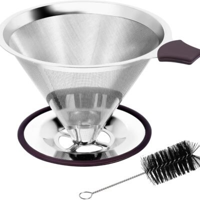 Pour Over Coffee Dripper, Paperless Pour Over Coffee filter, Stainless Steel Reusable Coffee Filters with Double Layer Mesh, Coffee Strainer Cup Stand & Cleaning Brush