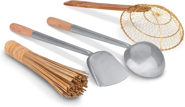 Craft Wok Tools 4 pcs Set: Ladle, Spatula, Strainer, Bamboo Brush/Utensils Traditional Asian Cookware with Wooden Handles / 732W9 - Image 2