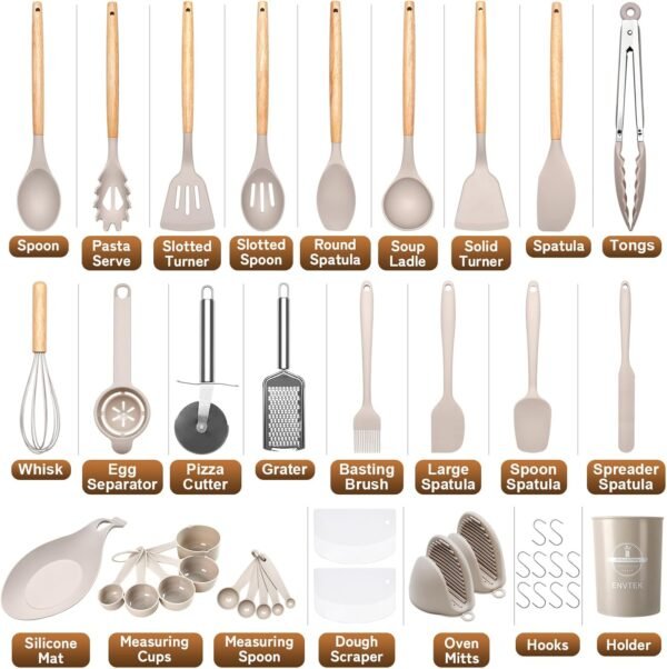 Silicone Kitchen Utensils Set 43 PCS for Cooking, Spatula Set with Wooden Handle, Cookware Nonstick Heat Resistant Kitchen Gadgets. Kitchen Tools with Holder (Khaki) - Image 2
