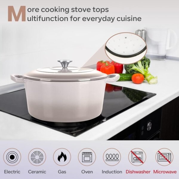 HaSteeL 6 Quart Cast Iron Dutch Oven, Pre-seasoned Enamel Cooking Stock Pot with Lid, Non-stick Round Cookware for Sourdough Bread Baking Roasting Stewing Braising Frying, Heavy Duty, Oven Safe, Khaki - Image 5