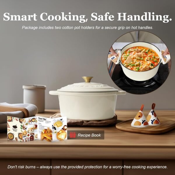 Overmont Enameled Cast Iron Dutch Oven - 5.5QT Pot with Lid Cookbook & Cotton Potholders - Heavy-Duty Cookware for Braising, Stews, Roasting, Bread Baking white - Image 7