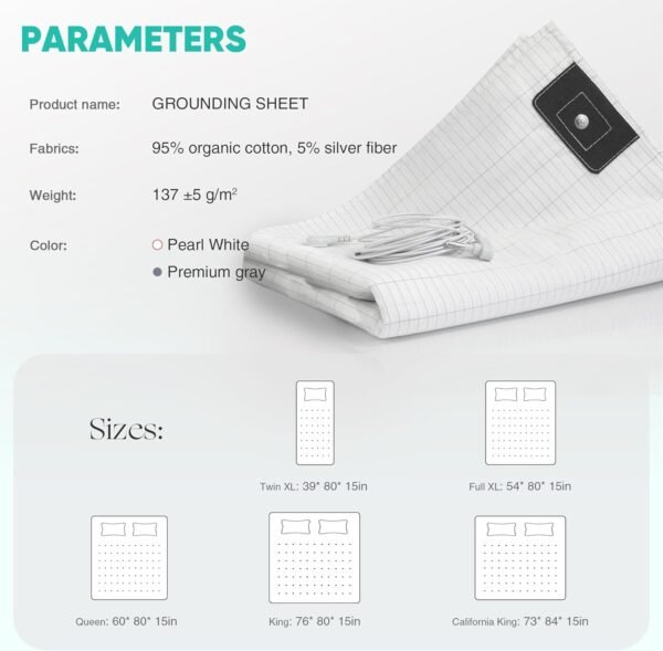 AsmrCap Grounding Sheets Queen, 95% Organic Cotton+ 5% Pure Silver Fiber, Grounded Sheets with Grounding Cord, Bed Grounding Kit for Healthy Sleep Therapy [Queen-60"x 80"x 15" White] - Image 6