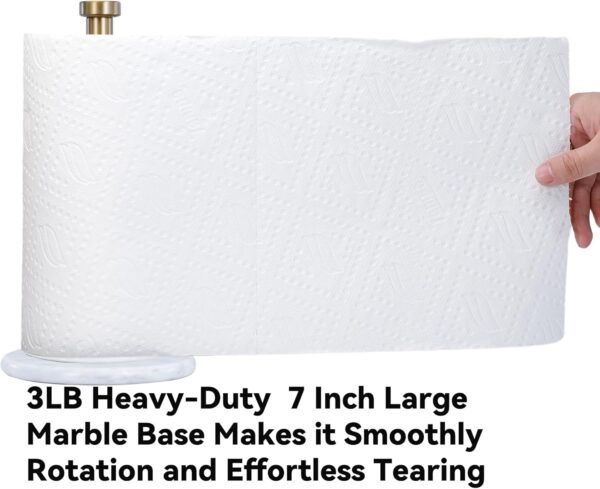 Paper Towel Holder with Marble Base - 13" x 7" Upright Paper Roll Dispenser with Heavy Non-Slip Base for Easy One-Handed Tear - for Countertops, Cabinets, and Bathrooms (White Marble Base, Gold) - Image 4