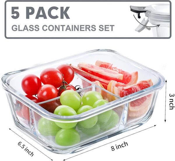VERONES 5 Pack Glass Meal Prep Containers 3 Compartment Set, 36OZ Airtight Glass Lunch Containers, Glass Food Storage Containers with Lids, for Microwave, Oven, Freezer & Dishwasher Friendly,Grey - Image 2