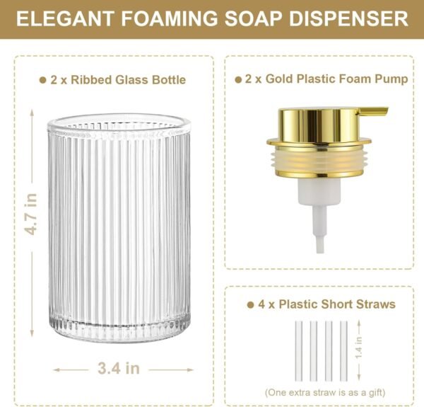 Foaming Soap Dispenser, 2 Pack Clear Glass Foam Hand Soap Dispenser for Bathroom & Kitchen, Refillable Foaming Pump Bottle with Gold Pump, Modern Ribbed Dish Soap Foam Dispenser with 2 Straws - Image 2