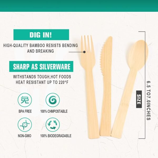 Disposable Bamboo Utensils,Natural Bamboo Utensils 150 Pcs (50 Forks, 50 Spoons, 50 Knives) Biodegradable Compostable Cutlery, Reusable Bamboo Flatware for Gatherings, Camping, Picnic, Parties - Image 3