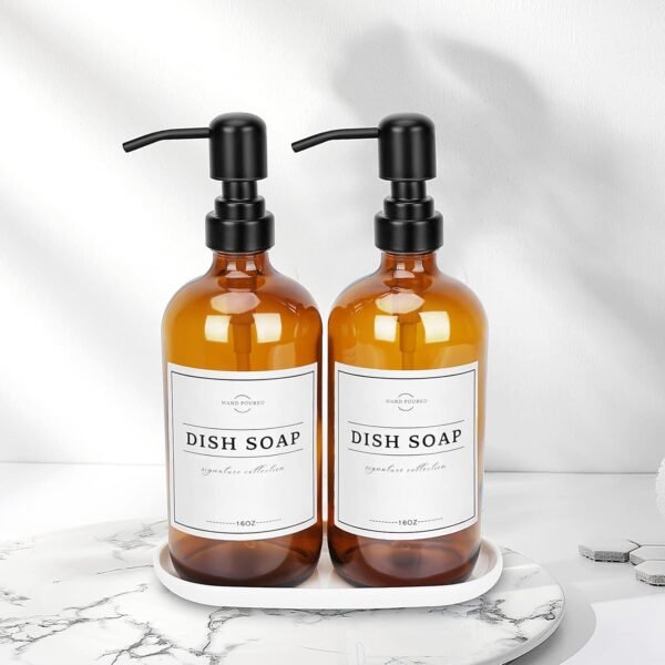 Amber Glass Soap Dispenser with Pump and Tray - Hand Dish Soap Dispenser Bottles for Hand Soap, Dish Soap, Lotion - Vintage Soap Dispenser Bathroom and Kitchen Sink Set (Amber Bottles; Black Pumps) - Image 2