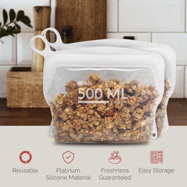 Reli. Reusable Silicone Bags (2 Pack) | Snack (500 ml), Clear | Silicone Bags for Food Storage | Small Reusable Food Storage Bags for Food, Meal Prep, Storage | Leak-Proof, Dishwasher/Freezer Safe - Image 2