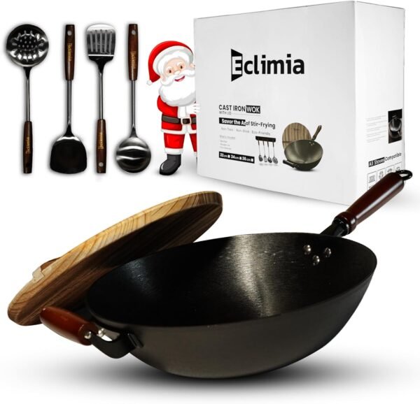 Pre-Seasoned Cast Iron Wok | Nonstick Stir-Fry Pan | Wok with Dual Handles and 4 Spatulas | Flat Bottom Wok with Wooden Lid and Wood Handle | Uncoated Traditional Chinese Wok for Induction