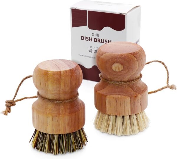 2 Pack Bamboo Dish Scrub Brush, Natural Sisal Dish Washing Brush, Round Natural Dish Scrubber for Cast Iron Pots, Pans, Kitchen Sink, and Vegetable(Sisal + Palm Bristles)