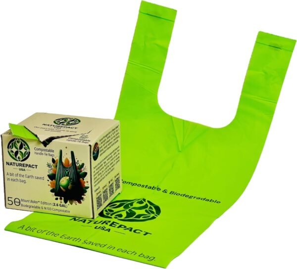 Extra Thick 1 MIL Compostable Trash Bags with Handles, 2.6 Gallon - Heavy Duty, Ultra Durable, Leak Proof, Kitchen Compost Bin Compatible, 50 Count, Handle-Tie