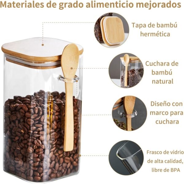 Unbreakable Glass Jars with Airtight Bamboo Lid and Spoon, 4Pcs 49OZ Glass Kitchen Canisters, Overnight Oats Containers, Glass Food Storage Containers for Coffee Beans, Flour, Sugar, Cookie,Pasta - Image 4