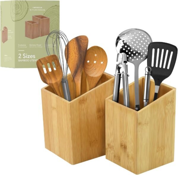 IMPRESA [2 Pack] Bamboo Utensil Holder for Clutter-Free Kitchen – Stylish Kitchen Utensil Crock for Elegant Display and Storage –Wooden Utensil Holder Set for Countertop – Bamboo Kitchen Accessories