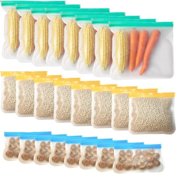 24Pcs Reusable Freezer Bags Food Storage Bags WLRGOOD Flat Silicone Bags Leakproof BPA Free Freezer Gallon/Lunch/Sandwich/Snack Reusable Storage Bags for Meat Fruit Veggies Travel Home Storagation