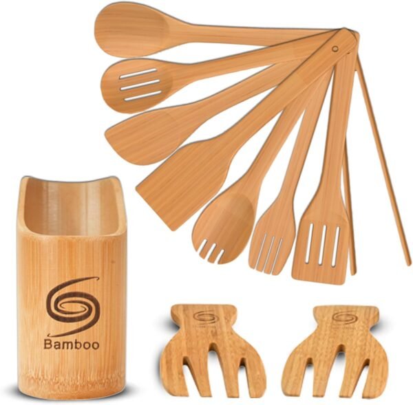 Bamboo Cooking Utensils - 11-Piece Wooden Kitchen Utensil Set W/A Bamboo Utensil Holder - Non Toxic and Eco Friendly Wooden Spoons for Cooking W/Wooden Tongs & Slotted Spatula