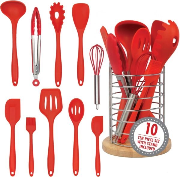 Silicone Kitchen Cooking Utensils w Bamboo Holder- 10 Pc Gourmet Non-Stick, Heat Resistant, Premium Kitchen Tools Set- Spatula, Spoon, Slotted Spoon, Tongs, Basting Brush, Whisk, Ladle- Christmas