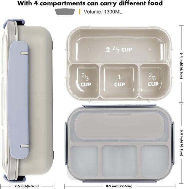 Bento Box Adult Lunch Box, Lunch Box Containers for Adults Men Women, 5 Cup Bento Lunch Box with 4 Compartments &Spork &Sauce Box, Leak-Proof, Microwave/Dishwasher Safe(Beige) - Image 2
