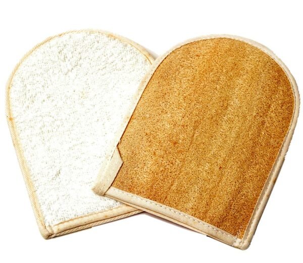 Premium Natural Exfoliating Loofah Glove Pad Body Scrubber by Spa Destinations. Mitt Sponge Biodegradable Bath and Shower Luffa Sponge, Women and Men (2 Pack) Beige - Image 3