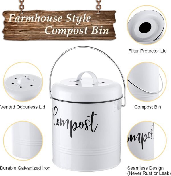Compost Bin Kitchen - 1.3 Gallon Farmhouse Kitchen Compost Bin Countertop - Indoor Compost Bin - Countertop Compost Bin with Lid and Charcoal Filters - Rust Proof Compost Bucket, White - Image 2