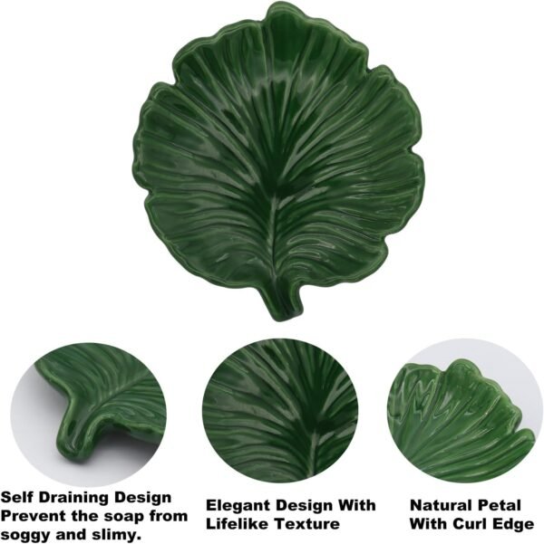 Elegant Bathroom Soap Dish, Ceramic Soap Dish Holder in Palm Leaf Style, Self-Draining Design and Used to Hold Various Small Bathroom and Kitchen Accessories - Image 2