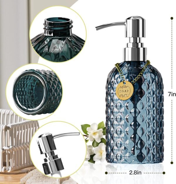 12oz Kitchen Glass Soap Bottle, Bathroom Soap Dispenser, 304 Rustproof Stainless Steel Pump, Refillable Liquid Glass Soap Dispenser Hand sanitizer Dispenser(Blue Grey) - Image 4