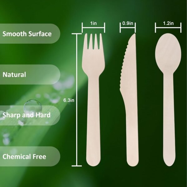 Wooden Cutlery Set - 300 Pieces (100 Wooden Spoons, 100 Forks, 100 Knives) - 100% Compostable Utensils Disposable Wooden Cutlery Spoons and Forks Set Eco Friendly Wooden Kitchen Utensil Set - Image 4
