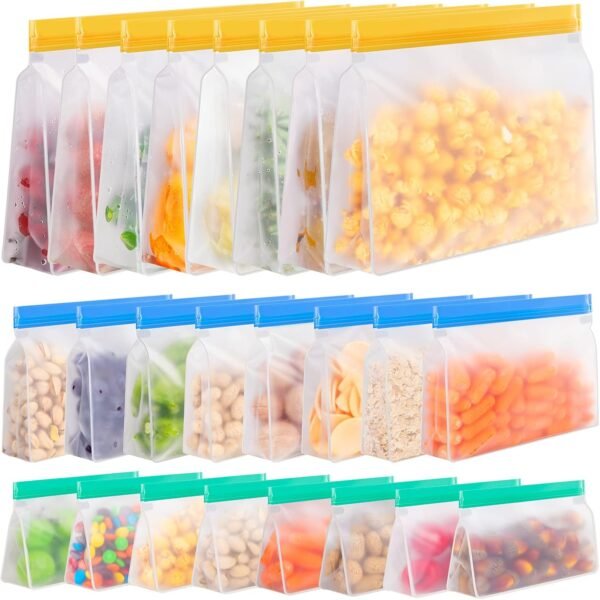 Reusable Food Storage Bags Stand Up, 24 Pack Reusable Freezer Lunch Bags, BPA-Free Reusable Gallon Bags, Leakproof Reusable Sandwich Bags Silicone (24Pack-8Large Bags+8Sandwich Bags+8Snack Bags)