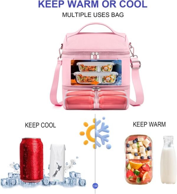 NOL Natural Organic Lifestyle Dual Compartment Insulated Lunch Bag Leakproof Cooler Tote Bag for Adults Lightweight Nylon Waterproof Lunch Box with Adjustable Shoulder Strap for Work, Pink - Image 3