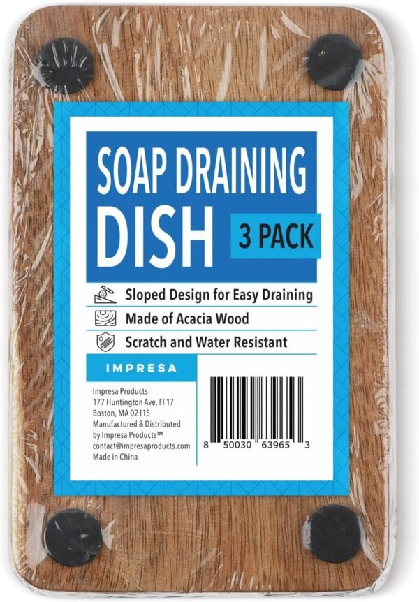IMPRESA [3 Pack] Self Draining Soap Dish for Dry, Lasting Soap – Water-Proof Acacia Wood Soap Dishes – Vintage Sloped Design for Bathroom and Kitchen – Sturdy Soap Tray for Shower - Image 7