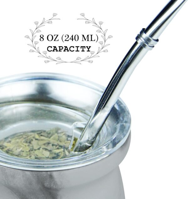 LA FEE Yerba Mate Natural Gourd/Tea Cup Set Brown (Original Traditional Mate Cup - 8 Ounces)，Includes Yerba Mate Straw & Cleaning Brush，Stainless Steel | Double-Walled | Easy to Clean (White) - Image 3